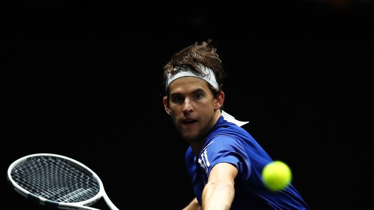 Dominic Thiem of Team Europe plays a forehand during his singles match against John Isner of Team World on the first day of the Laver Cup in Prague