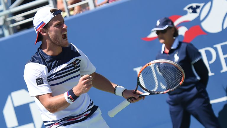 Argentina's Diego Schwartzman reacts after winning a point during his tennis match against Croatia's Marin Cilic during their US Open match