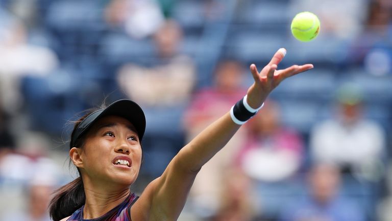 NEW YORK, NY - SEPTEMBER 02:  Saisai Zheng of China serves to Karolina Pliskova of Czech Republic during their third round match on Day Six of the 2017 US 