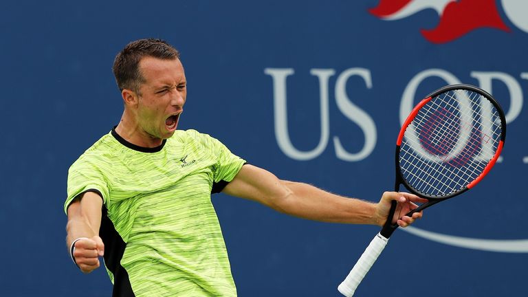 NEW YORK, NY - SEPTEMBER 02:  Philipp Kohlschreiber of Germany celebrates defeating John Millman of Australia during their third round Men's Singles match 