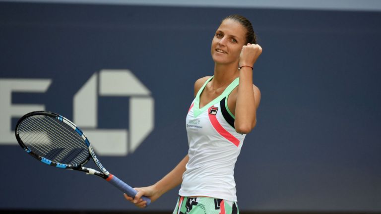 Karolina Pliskova of the Czech Republic celebrates match point against Jennifer Brady of the US during their Round 4, US Open 2017, Women's Singles match a