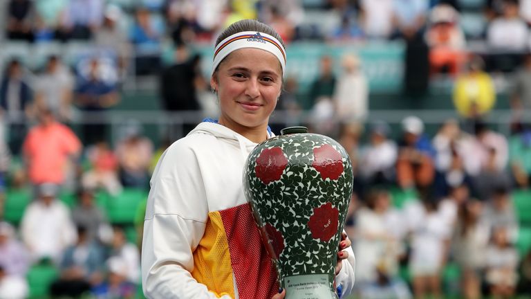 SEOUL, SOUTH KOREA - SEPTEMBER 24:  Jelena Ostapenko of Latvia celebrates after defeating Beatriz Haddad Maia of Brazil to win the final on final day of th