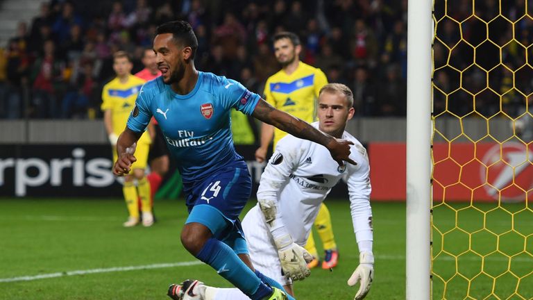 BARYSAW, BELARUS - SEPTEMBER 28:  Theo Walcott celebrates scoring for Arsenal during the UEFA Europa League group H match betwee