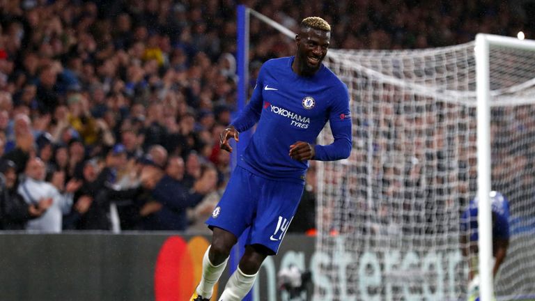  Tiemoue Bakayoko of Chelsea celebrates scoring his sides fourth goal during the UEFA Champions League Group C match against Qarabag on September 12
