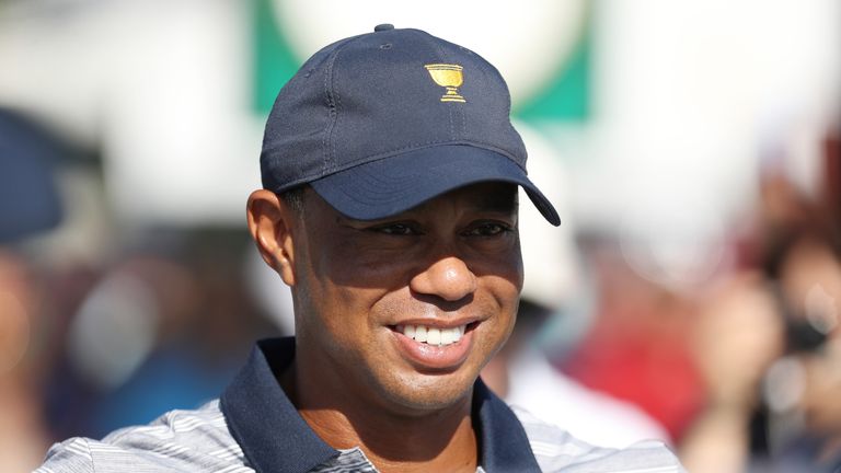 Tiger Woods looks on during practice ahead of the Presidents Cup