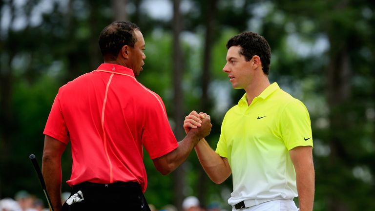 Tiger Woods and Rory McIlroy shake hands after the final round of the 2015 Masters