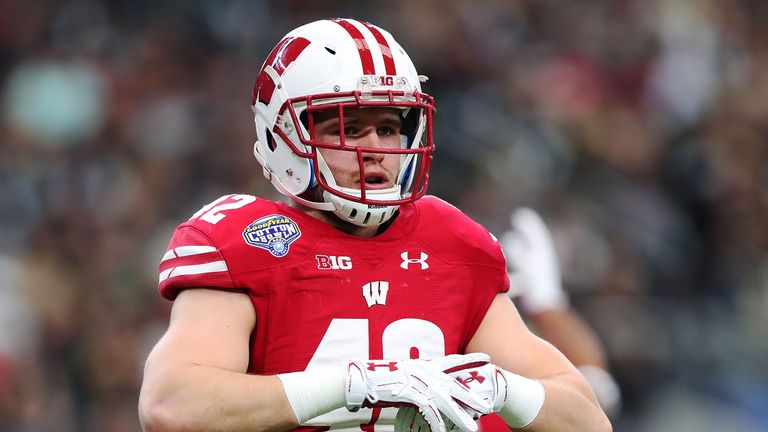 ARLINGTON, TX - JANUARY 02:  T.J. Watt #42 of the Wisconsin Badgers celebrates after a play during the 81st Goodyear Cotton Bowl Classic between Western Mi