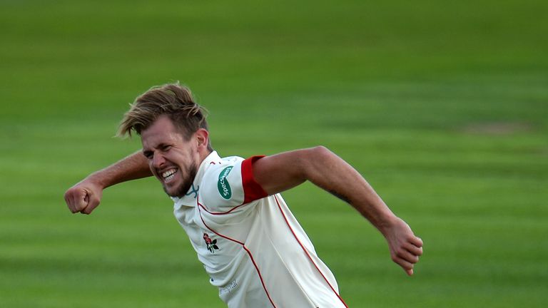 Tom Bailey of Lancashire celebrates after dismissing Marcus Trescothick of Somerset during Day One of the Specsavers County Championship