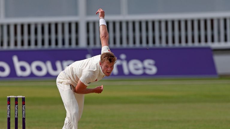 CANTERBURY, ENGLAND - JUNE 22: Tom Helm of England Lions bowls during day 2 of the match between England Lions and South Africa A at The Spitfire Ground on