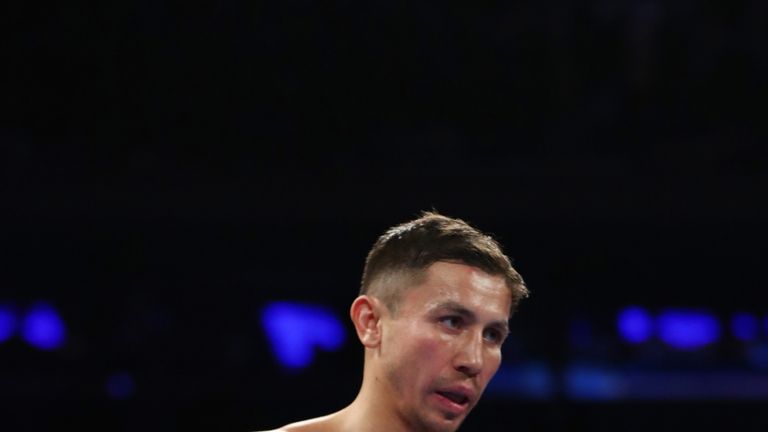 Gennady Golovkin looks on against Daniel Jacobs  during their Championship fight for Golovkin's WBA/WBC/IBF middleweight title.