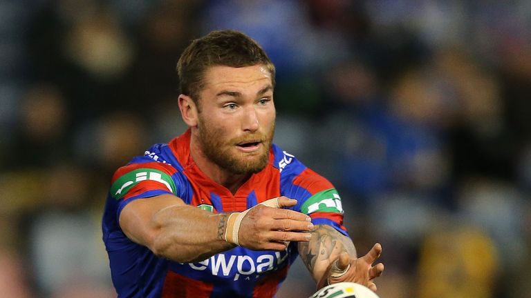 NEWCASTLE, AUSTRALIA - MAY 30: Tyler Randell of the Knights throws the ball during the round 12 NRL match between the Newcastle Knights and the Parramatta 