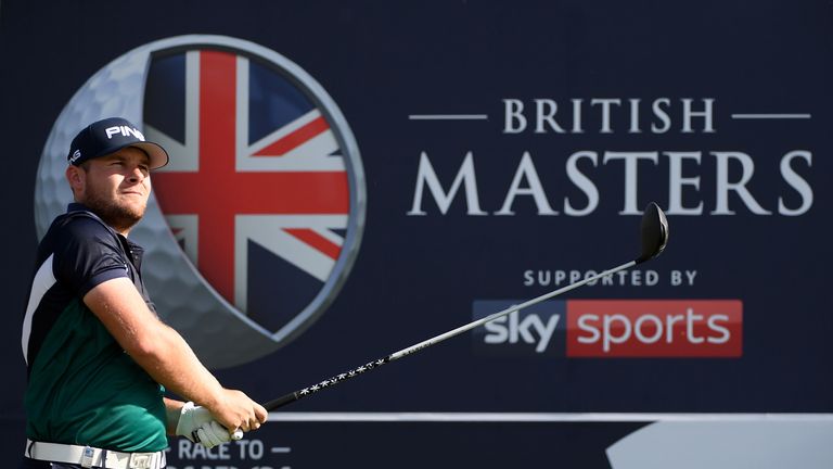 Tyrell Hatton of England hits his tee shot on the 2nd hole during day one of the British Masters at Close House