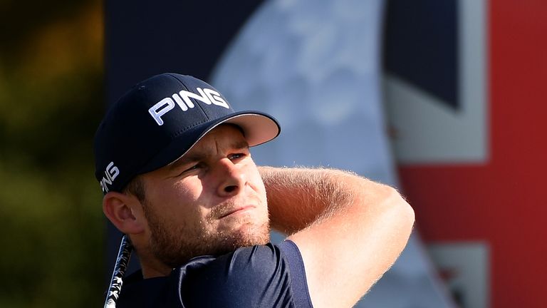 Tyrell Hatton of England hits his tee shot on the 2nd hole during day one of the British Masters at Close House