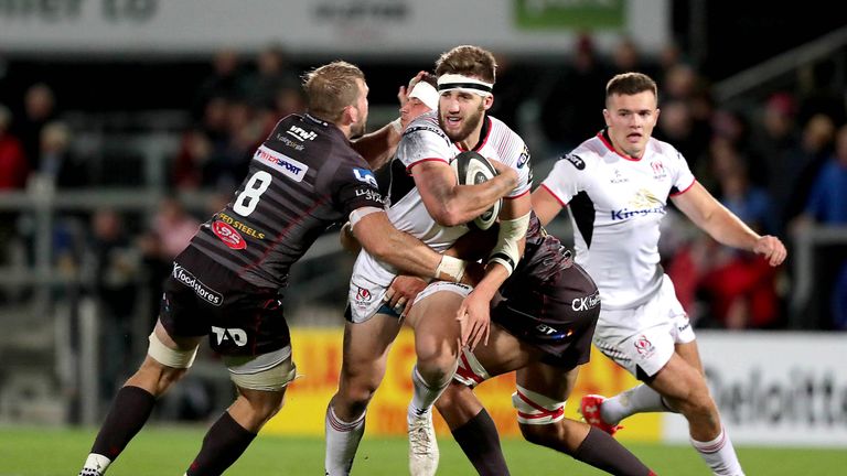 Guinness PRO14, Kingspan Stadium, Belfast 15/9/2017.Ulster vs Scarlets.Ulster's Stuart McCloskey with Aaron Shingler and John Barclay of Scarlets.