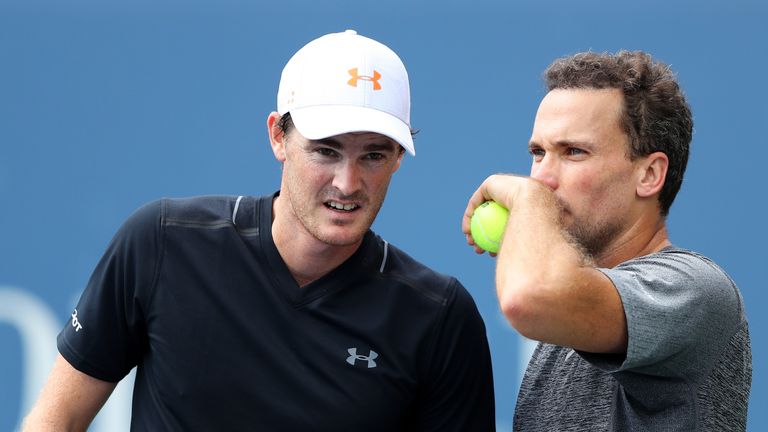 Jamie Murray of Great Britain and Bruno Soares of Brazil react against Julian Knowle and Alexander Peya of Austria at US Open