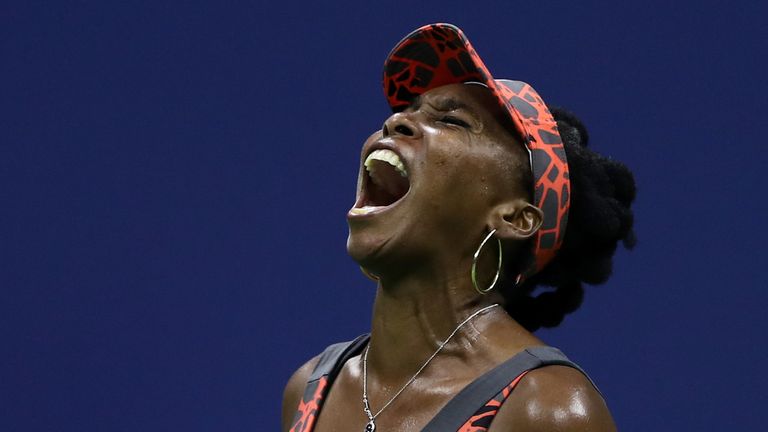 Venus Williams of the United States reacts against Petra Kvitova of Czech Republic during her Women's Singles Quarterfinal match at US Open