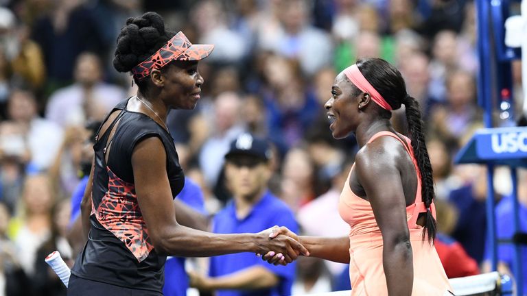 Sloane Stephens (R) of the US shakes hands with compatriot Venus Williams after winning their 2017 US Open Women's Singles Semifinals match at the USTA Bil