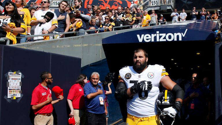 CHICAGO, IL - SEPTEMBER 24:   Alejandro Villanueva #78 of the Pittsburgh Steelers stands by himself in the tunnel for the national anthem prior to the game