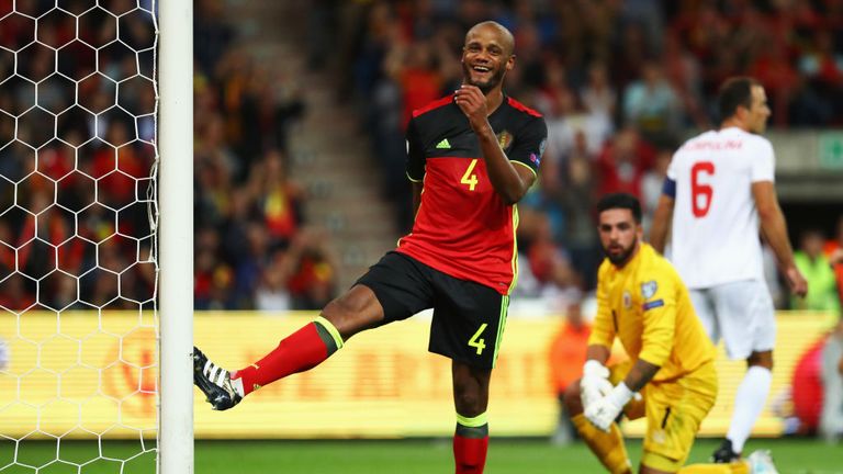 Vincent Kompany of Belgium reacts to missing a chance on goal during the FIFA 2018 World Cup Qualifier between Belgium and Gibraltar 