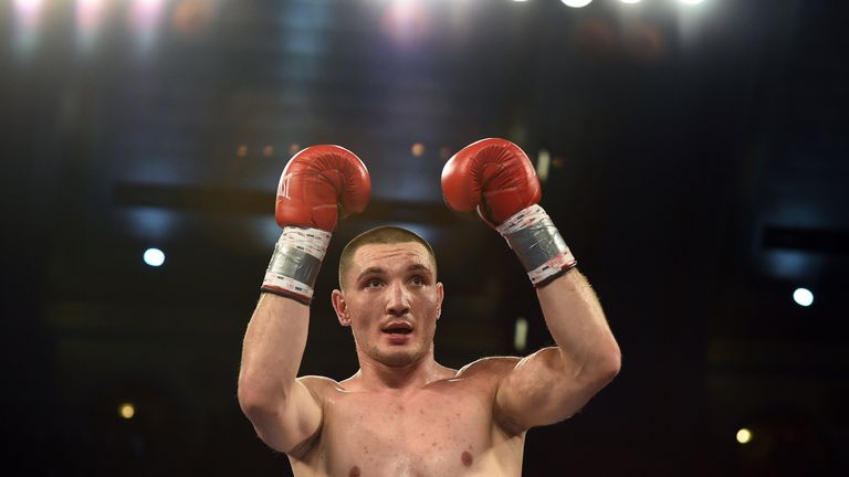 Vyacheslav Shabranskyy of Ukraine celebrates defeating Emil Gonzalez of Puerto Rico during their Light Heavyweight bout at the Boardwalk Hall in Atlantic C