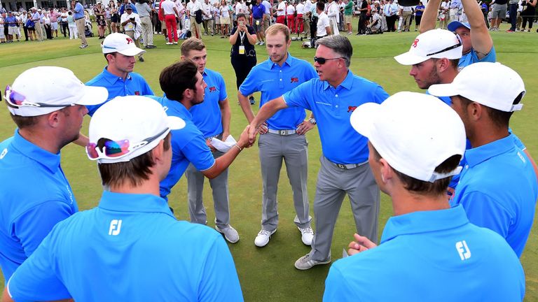 Captain Andy Ingram of Team Great Britain and Ireland congratulates his players despite losing the 2017 Walker Cup