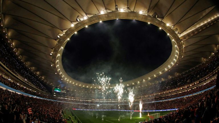 Fireworks light up the sky during the inauguration of the Wanda Metropolitano stadium