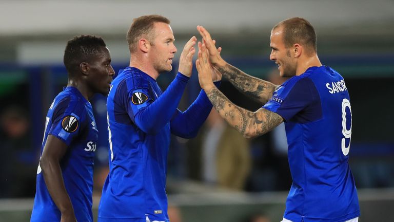 Everton's Wayne Rooney celebrates scoring his side's first goal of the game during the UEFA Europa League, Group E match at Goodison Park, Liverpool.