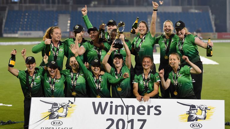 HOVE, ENGLAND - SEPTEMBER 01:  Players of Western Storm celebrates after winning the Women's Kia Super League Final between Southern Vipers and Western Sto