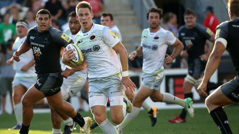 CHESTER, PA - SEPTEMBER 16: Liam Williams #14 of the Saracens runs up the field with the ball against the Newcastle Falcons during a Aviva Premiership matc
