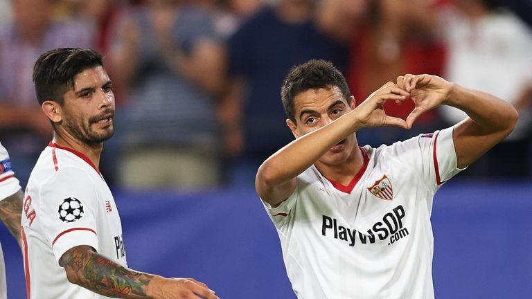 SEVILLE, SPAIN - SEPTEMBER 26:  Wissam Ben Yedder of Sevilla FC celebrates after scoring during the UEFA Champions League match between Sevilla FC and NK M