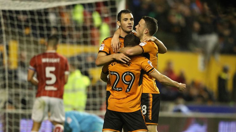 Leo Bonatini of Wolverhampton Wanderers celebrates with team-mates