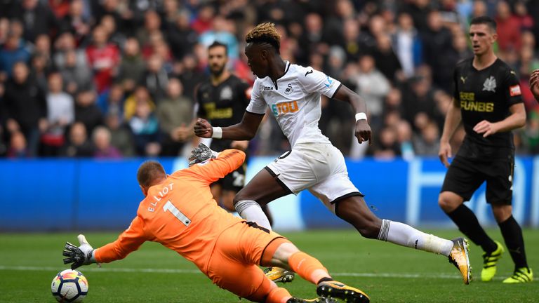 Tammy Abraham rounded Newcastle keeper Rob Elliot but his shot was cleared off the line by Jamaal Lascalles