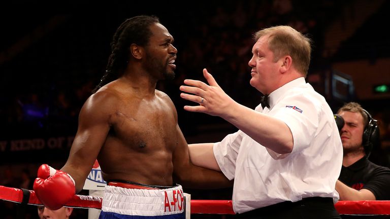 SHEFFIELD, ENGLAND - APRIL 27: Audley Harrison complains to the referee after being counted out by Deontay Wilder during their Heavyweight at Motorpoint Ar