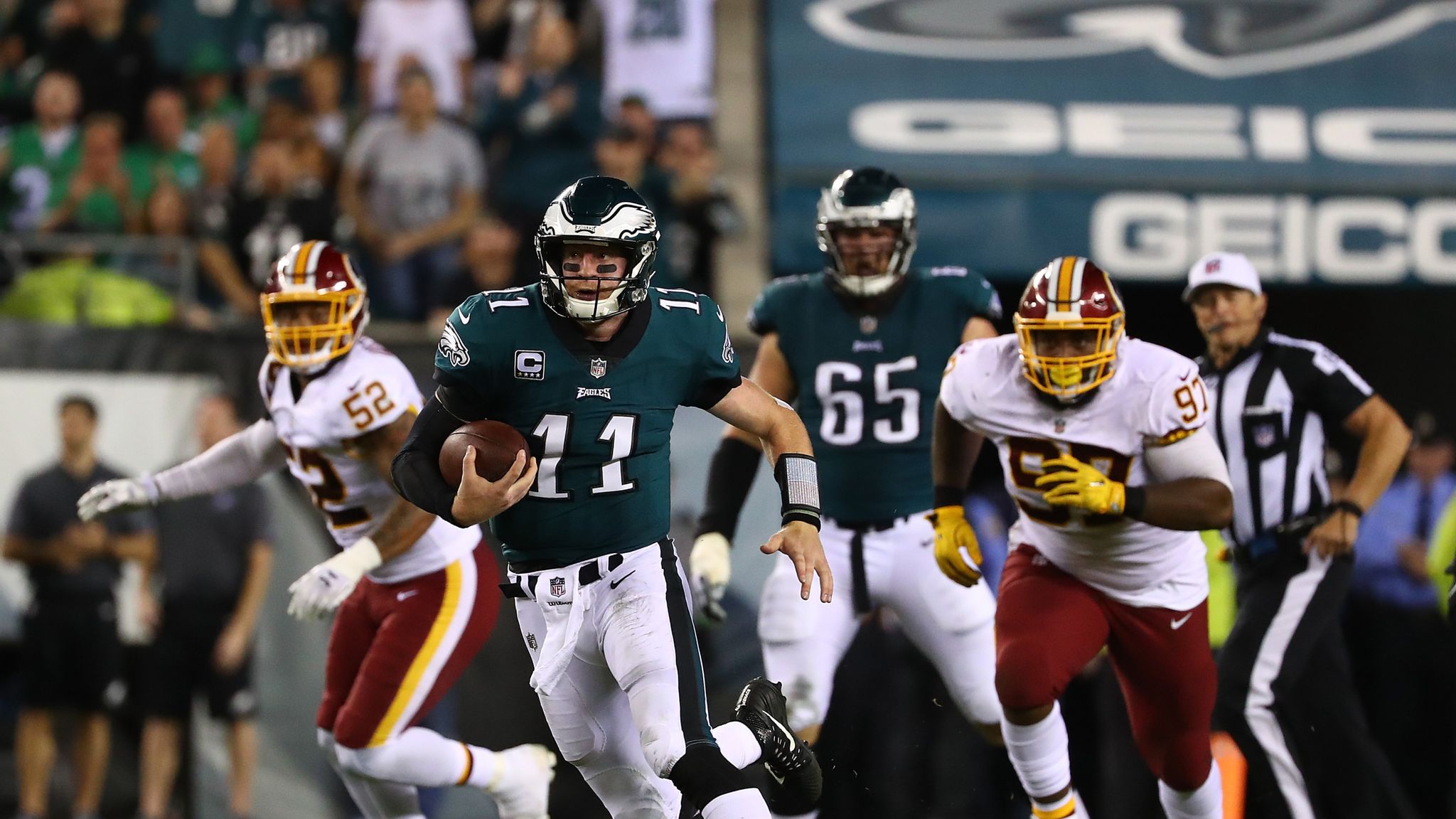 Eagles 34, Redskins 24: Carson Wentz's touchdowns lead way to NFL's best  record