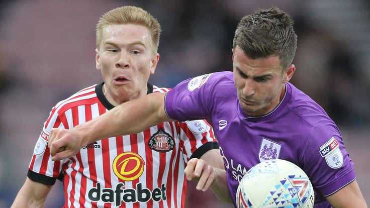 Sunderland's Duncan Watmore and Bristol's Joe Bryan battle for the ball during the Sky Bet Championship match at the Stadium of Light