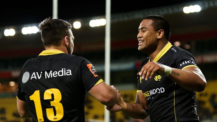 WELLINGTON - OCTOBER 12 2017:  Julian Savea of Wellington celebrates with Wes Goosen after scoring a try during the round nine Mitre 10 Cup match