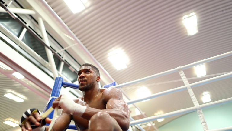 SHEFFIELD, ENGLAND - OCTOBER 17: Anthony Joshua during a media workout at the English Institute of Sport on October 17, 2017 in Sheffield, England. (Photo 