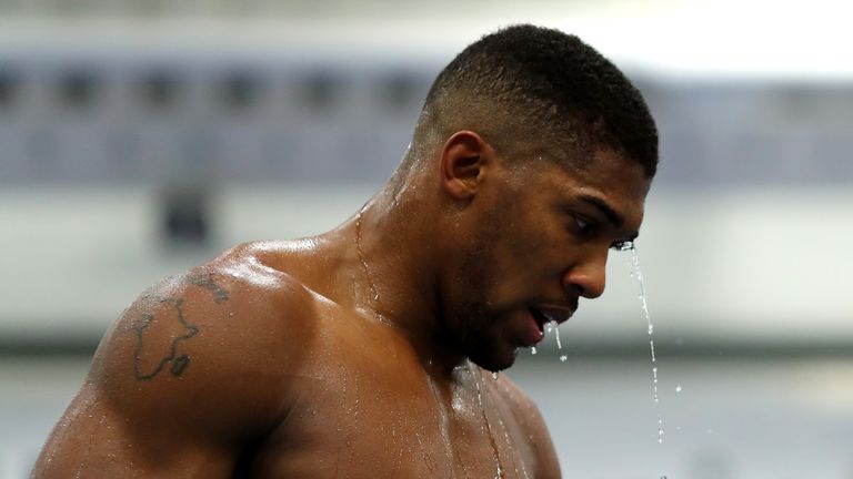 SHEFFIELD, ENGLAND - OCTOBER 17:  Anthony Joshua trains during a media workout on October 17, 2017 in Sheffield, England.  (Photo by Richard Heathcote/Gett