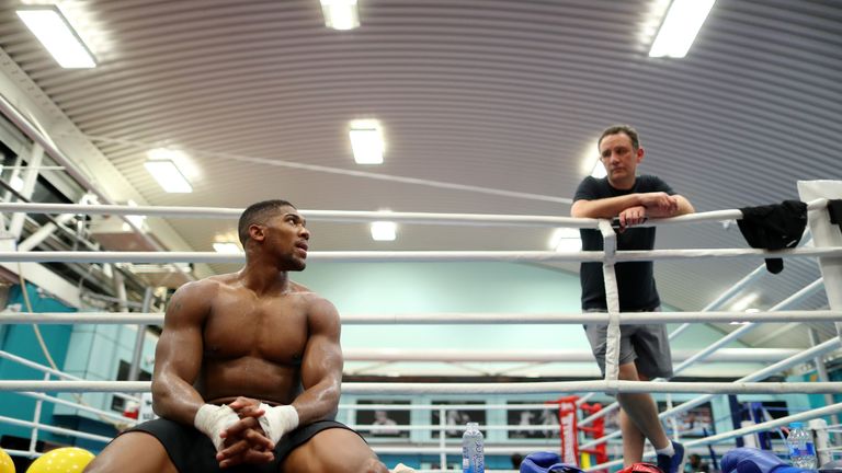 SHEFFIELD, ENGLAND - OCTOBER 17: Anthony Joshua works out with his trainer Rob McCracken  during a media workout at the English Institute of Sport on Octob