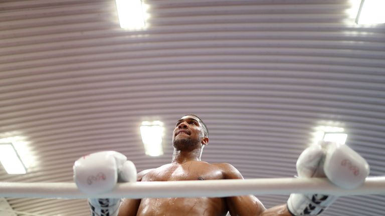 SHEFFIELD, ENGLAND - OCTOBER 17: Anthony Joshua during a media workout at the English Institute of Sport on October 17, 2017 in Sheffield, England. (Photo 