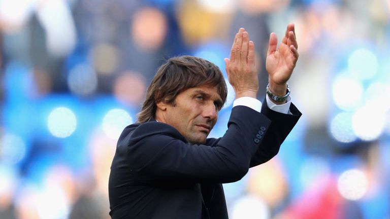 Antonio Conte, Chelsea manager, applauds the home fans after the Premier League match against Watford