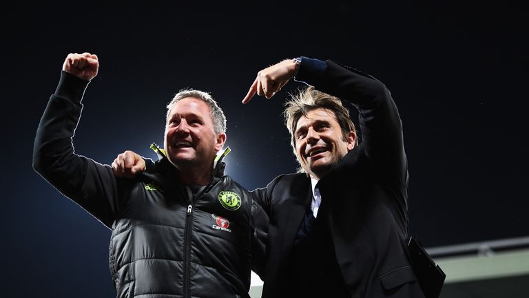 Antonio Conte and Steve Holland celebrate as Chelsea clinch the Premier League title earlier this year