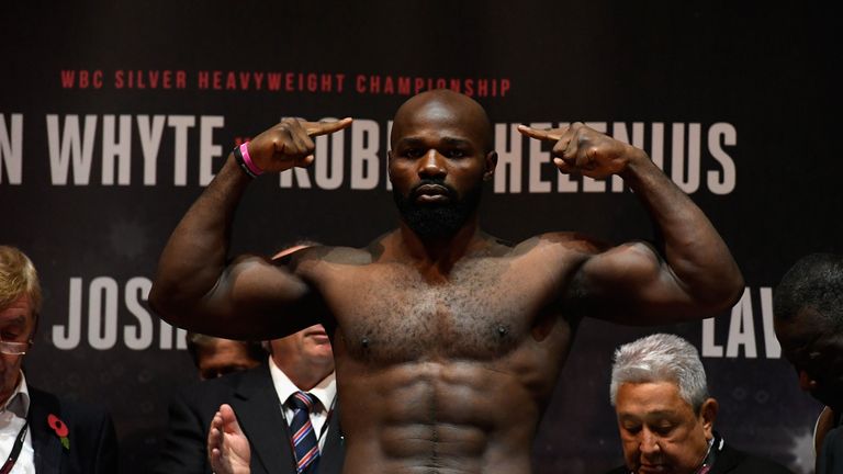 CARDIFF, WALES - OCTOBER 27:  Carlos Takam of France pose for a photo during a weigh-in prior to tomorrow's world heavyweight title fight between Anthony J