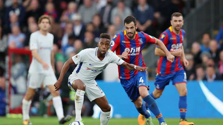Charly Musonda of Chelsea and Luka Milivojevic of Crystal Palace battle for possession during the Premier League match in October 2017