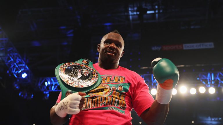 CARDIFF, WALES - OCTOBER 28:  Dillian Whyte celebrates victory after the WBC Silver Heavyweight Championship contest against Robert Helenius at Principalit