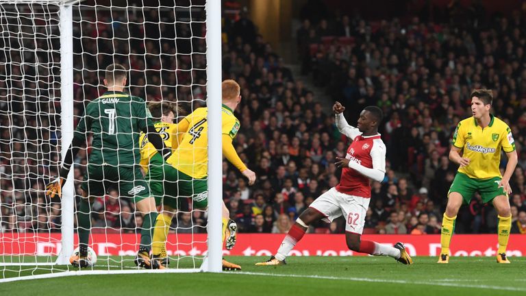 Eddie Nketiah scoring for Arsenal during the Carabao Cup Fourth Round match against Norwich City at Emirates Stadium on October 24, 2017