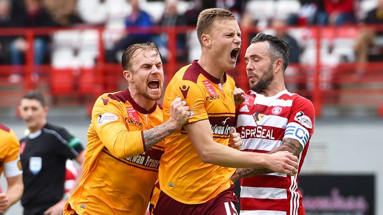 Motherwell's Andy Rose celebrates his equaliser in the Fir Park side's 2-1 victory at Hamilton in the Scottish Premiership