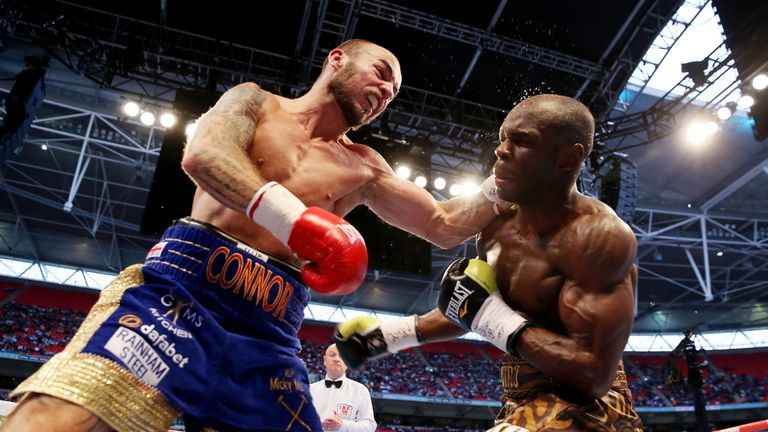 LONDON, ENGLAND - MAY 31:  Kevin Mitchell in action with Ghislain Maduma during their World Lightweight Final Eliminator bout at Wembley Stadium on May 31,