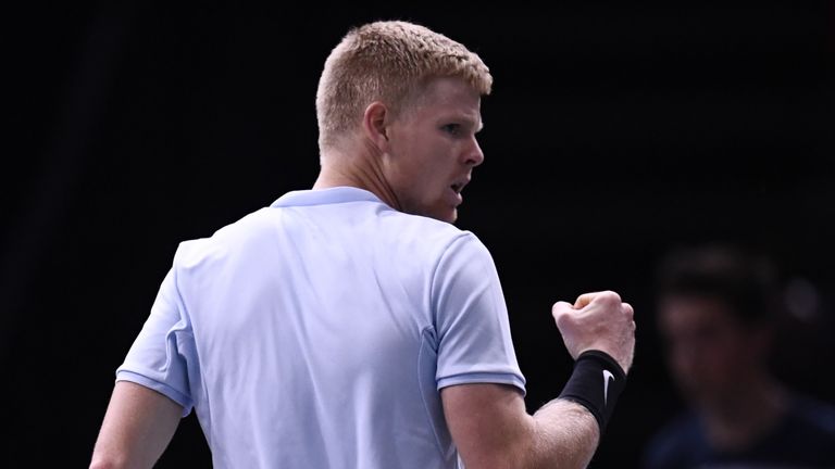 Britain's Kyle Edmund celebrates winning a point against Russia' Evgeny Donskoy during their first round match at the ATP World Tour Masters 1000 Indoor te
