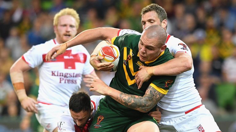 David Klemmer of Australia is tackled during the 2017 Rugby League World Cup match between the Australian Kangaroos and England in Melbourne